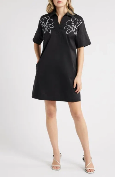 Ming Wang Embroidered Cotton Blend Shirtdress In Black/white