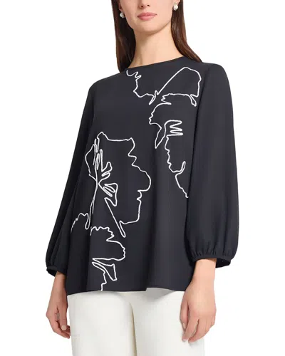 Ming Wang Embroidered Crepe De Chine Blouse In Blue