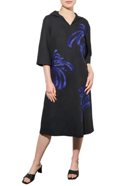 Ming Wang Embroidered Twill Shift Dress In Black/gentian Blue