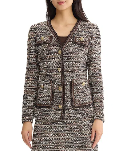 Ming Wang Eyelash Tweed Knit Jacket In Brown