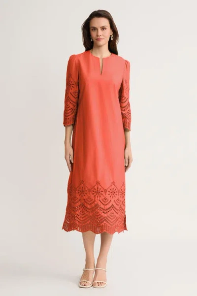 Ming Wang Eyelet Straight Cotton Maxi Dress In Orange