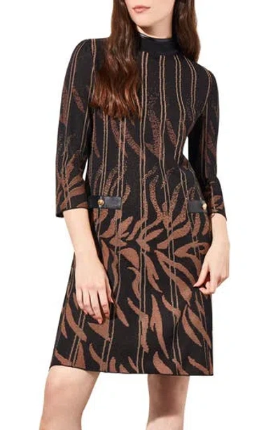Ming Wang Faux Leather Trim Jacquard Sweater Dress In Black