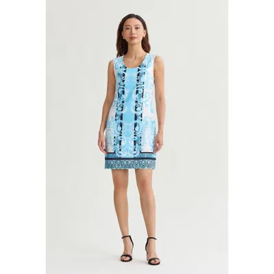 Ming Wang Filigree Printed Lined Stretch Deco Crepe Sheath Dress In Blue