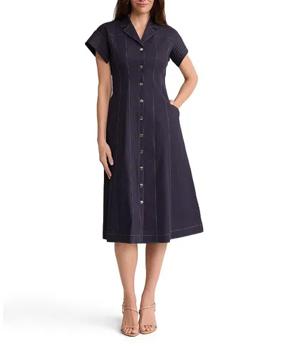 Ming Wang Fit-n-flare Contrast Stitch Cotton Maxi Dress In Blue