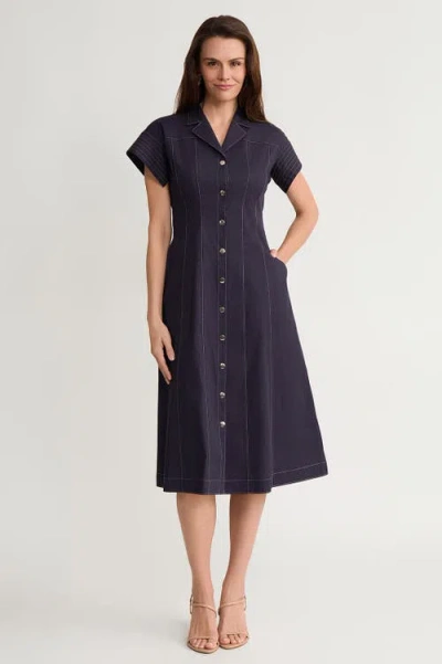 Ming Wang Fit-n-flare Contrast Stitch Cotton Maxi Dress In Blue