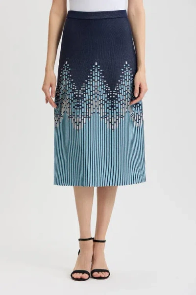 Ming Wang Flared Linear Ombre Soft Knit Midi Skirt In Indigo/limestone/serene