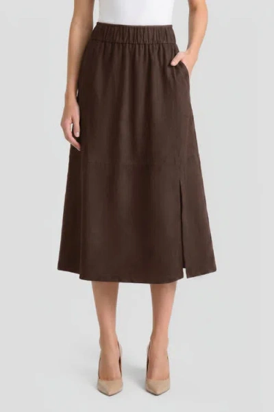 Ming Wang Flared Side Slit Faux Suede Maxi Skirt In Brown