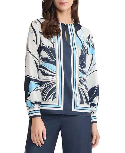 Ming Wang Floral Abstract Crepe De Chine Blouse In Blue