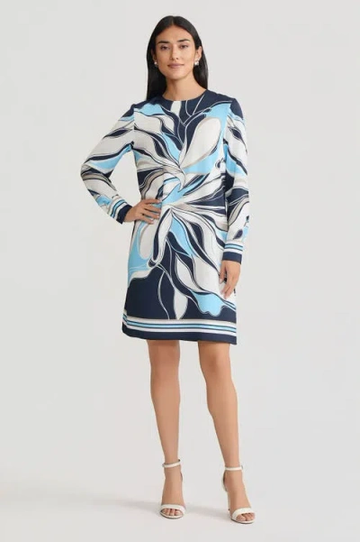 Ming Wang Floral Abstract Crepe De Chine Shift Dress In Blue
