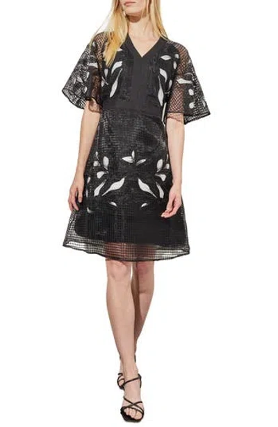 Ming Wang Floral Appliqué Mixed Media Dress In Black