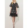 Ming Wang Floral Appliqué Open Lace A-line Dress In Black/white