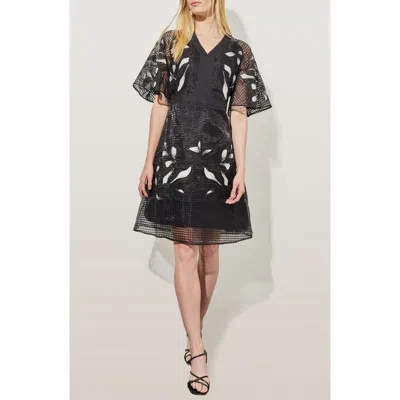 Ming Wang Floral Appliqué Open Lace A-line Dress In Black/white