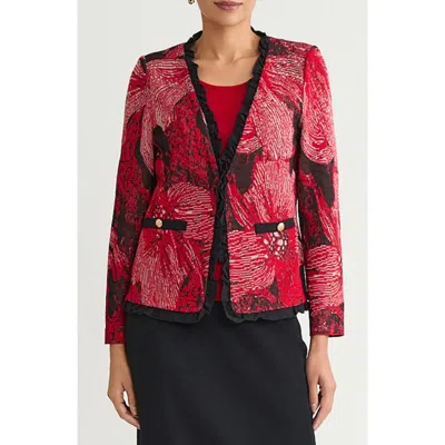 Ming Wang Floral Jacquard Ruffle Trim Jacket In Red