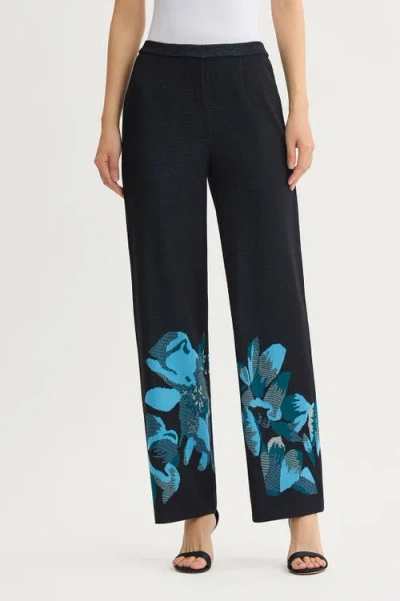 Ming Wang Floral Jacquard Soft Knit Pant In Deep Teal