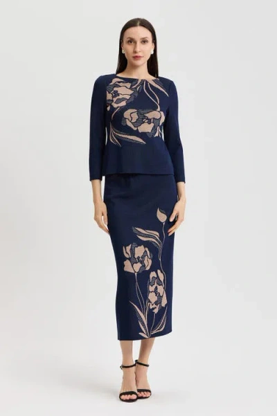 Ming Wang Floral Jacquard Soft Knit Top In Multi