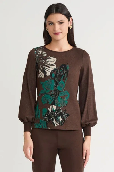 Ming Wang Floral Jacquard Sweater In Brown