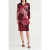 Ming Wang Floral Jaquard Ruffle Trim Long Sleeve Dress In Red