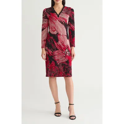 Ming Wang Floral Jaquard Ruffle Trim Long Sleeve Dress In Red