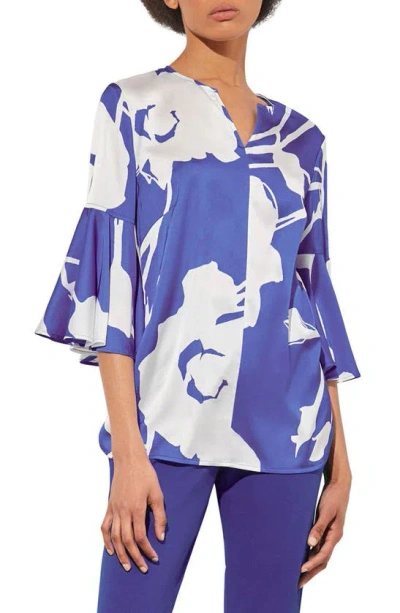 Ming Wang Floral Print Bell Sleeve Top In Sapphire Sea/white