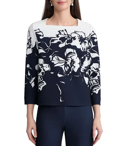 Ming Wang Floral Print Stretch Deco Crepe Blouse In Multi