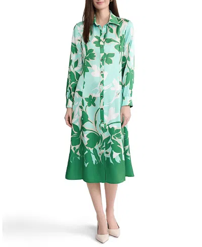 Ming Wang Floral Printed Crepe De Chine Maxi Shirt Dress In Green
