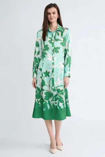 Ming Wang Floral Printed Crepe De Chine Maxi Shirt Dress In Kelly Green/euca/lime