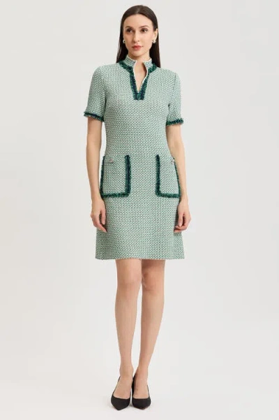 Ming Wang Plus Fringe Trim Basketweave Jacquard Knit Sheath Dress In Green