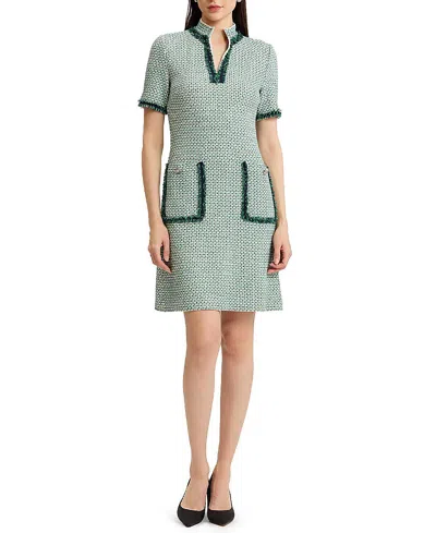 Ming Wang Plus Fringe Trim Basketweave Jacquard Knit Sheath Dress In Green