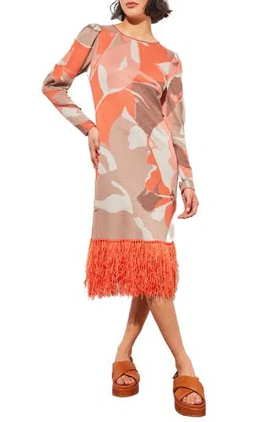 Ming Wang Fringe Trim Long Sleeve Sheath Dress In Multi