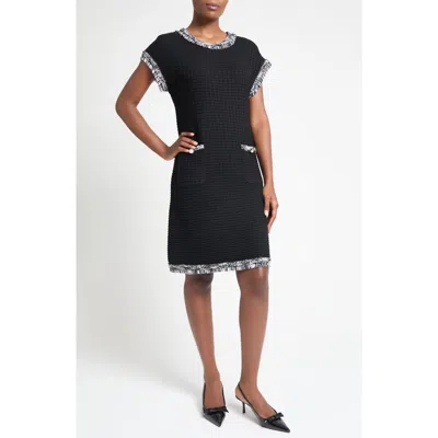 Ming Wang Fringe Trim Tweed Dress In Black/white