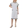 Ming Wang Fringe Trim Tweed Dress In White/black