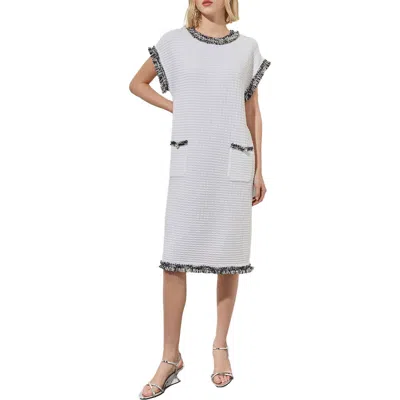 Ming Wang Fringe Trim Tweed Dress In White/black