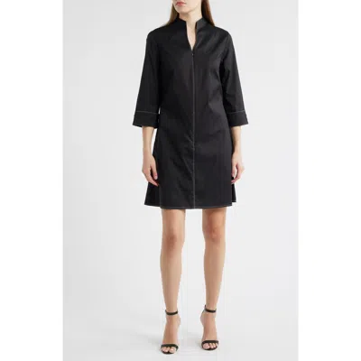 Ming Wang Front Zip Stretch Cotton Shirt Dress In Black