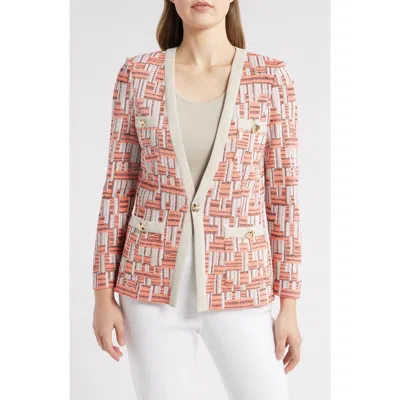 Ming Wang Geo Jacquard Cardigan In Orange Burst/limestone Multi