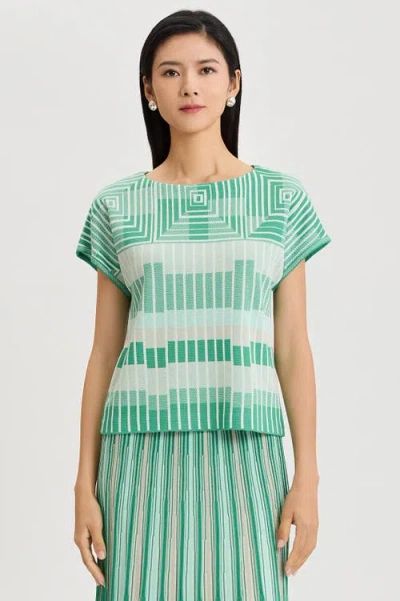 Ming Wang Geometric Jacquard Soft Knit Top In Kelly Green/euca/lime