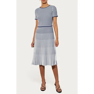 Ming Wang Grid Stripe Flare Knit Dress In Blue