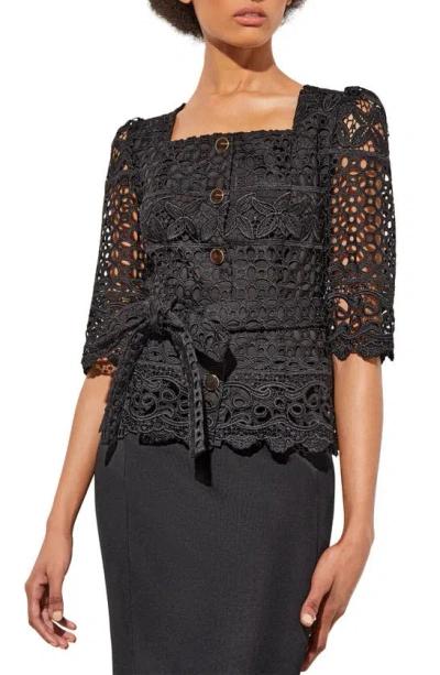 Ming Wang Guipure Lace Belted Jacket In Black