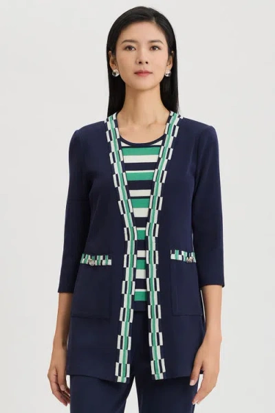 Ming Wang Heritage Checkered Trim Soft Knit Jacket In Blue