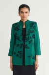 Ming Wang Heritage Contrast Trim Floral Jacquard Knit Jacket In Green