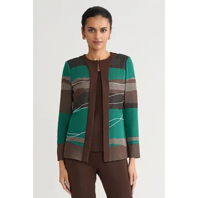 Ming Wang Heritage Embroidered Landscape Jacquard Knit Jacket In Everest/dark Umber/black