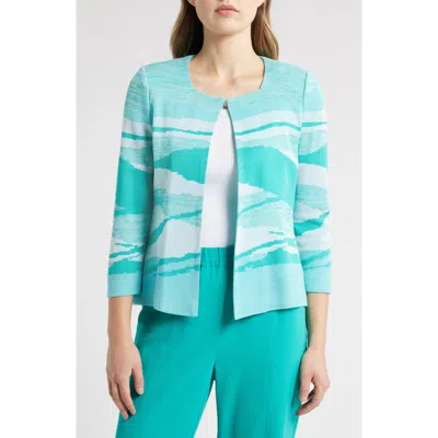 Ming Wang Heritage Fit Jacquard Knit Jacket In Emerald Awe/calypso Blue