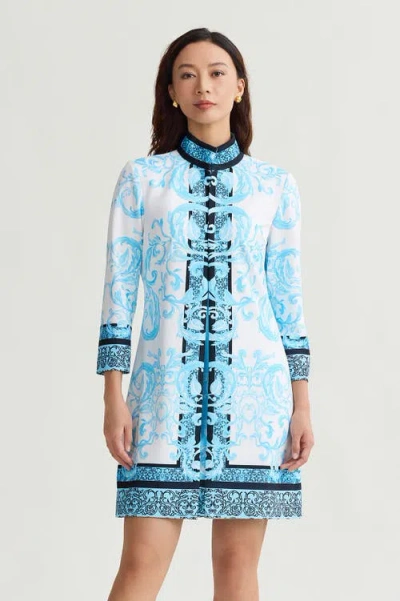 Ming Wang Heritage Lined Printed Stretch Deco Crepe Jacket In Blue