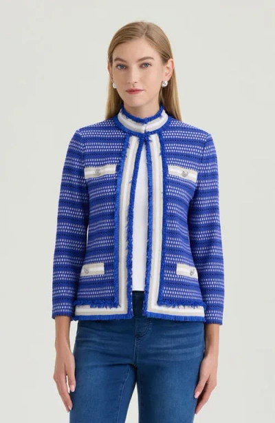 Ming Wang Heritage Ribbon Fringe Trim Knit Jacket In Blue