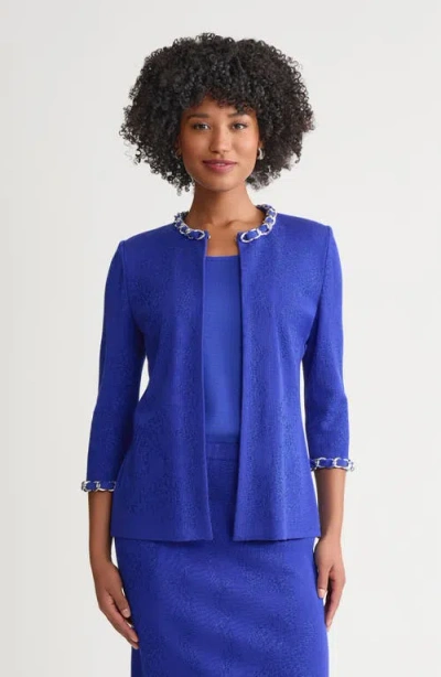 Ming Wang Heritage Tonal Ribbon Chain Trim Knit Jacket In Blue