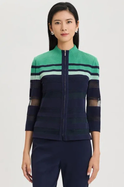Ming Wang Heritage Zip-front Sheer Knit Jacket In Blue