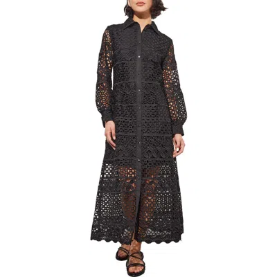 Ming Wang Lacy Long Sleeve Midi Shirtdress In Black