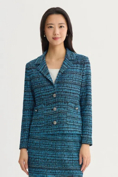 Ming Wang Lapel Collar Tweed Knit Jacket In White