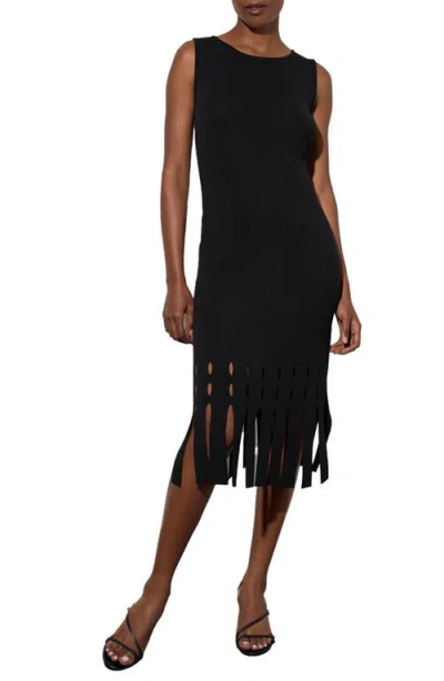 Ming Wang Laser Cut Detail Fringe Hem Knit Midi Dress In Black