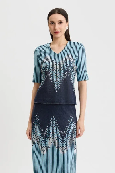 Ming Wang Linear Ombre Soft Knit Top In Indigo/limestone/serene