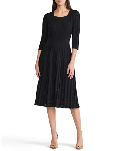 Ming Wang Linear Pointelle Tonal Knit Fit And Flare Midi Dress In Black